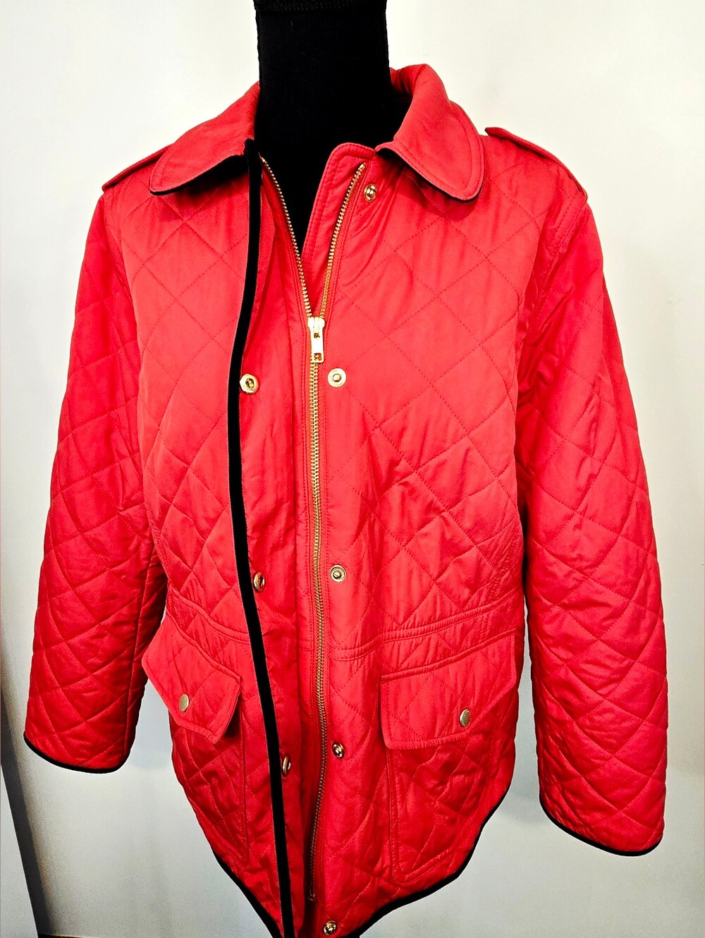 Talbots Red Quilted Jacket Navy Trim Gold Snap Preppy Coastal Coat Old Money - Picture 4 of 12